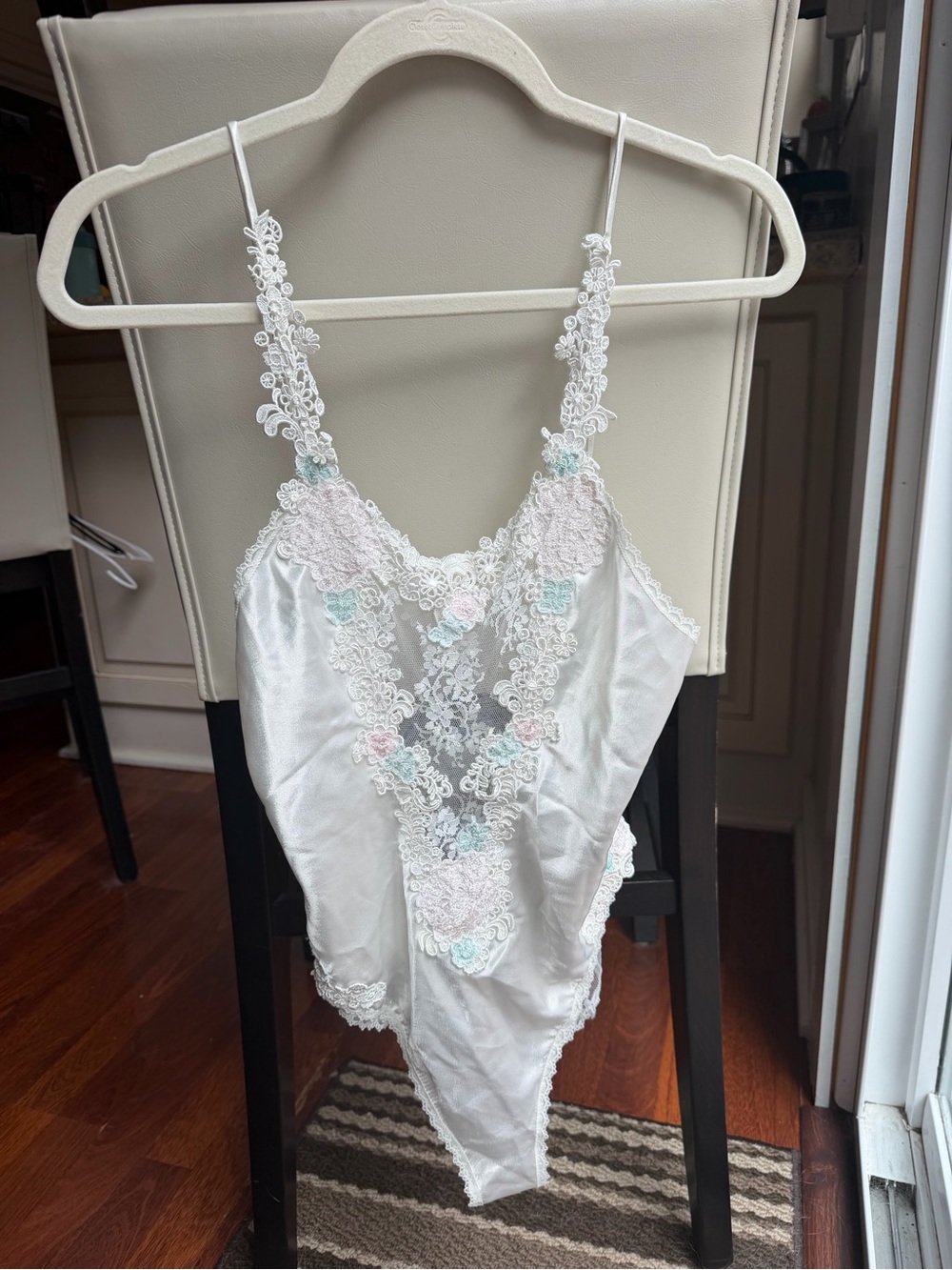 Vintage Gold Label Victoria’s Secret White Lace Embroidered Satin Teddy Bodysuit